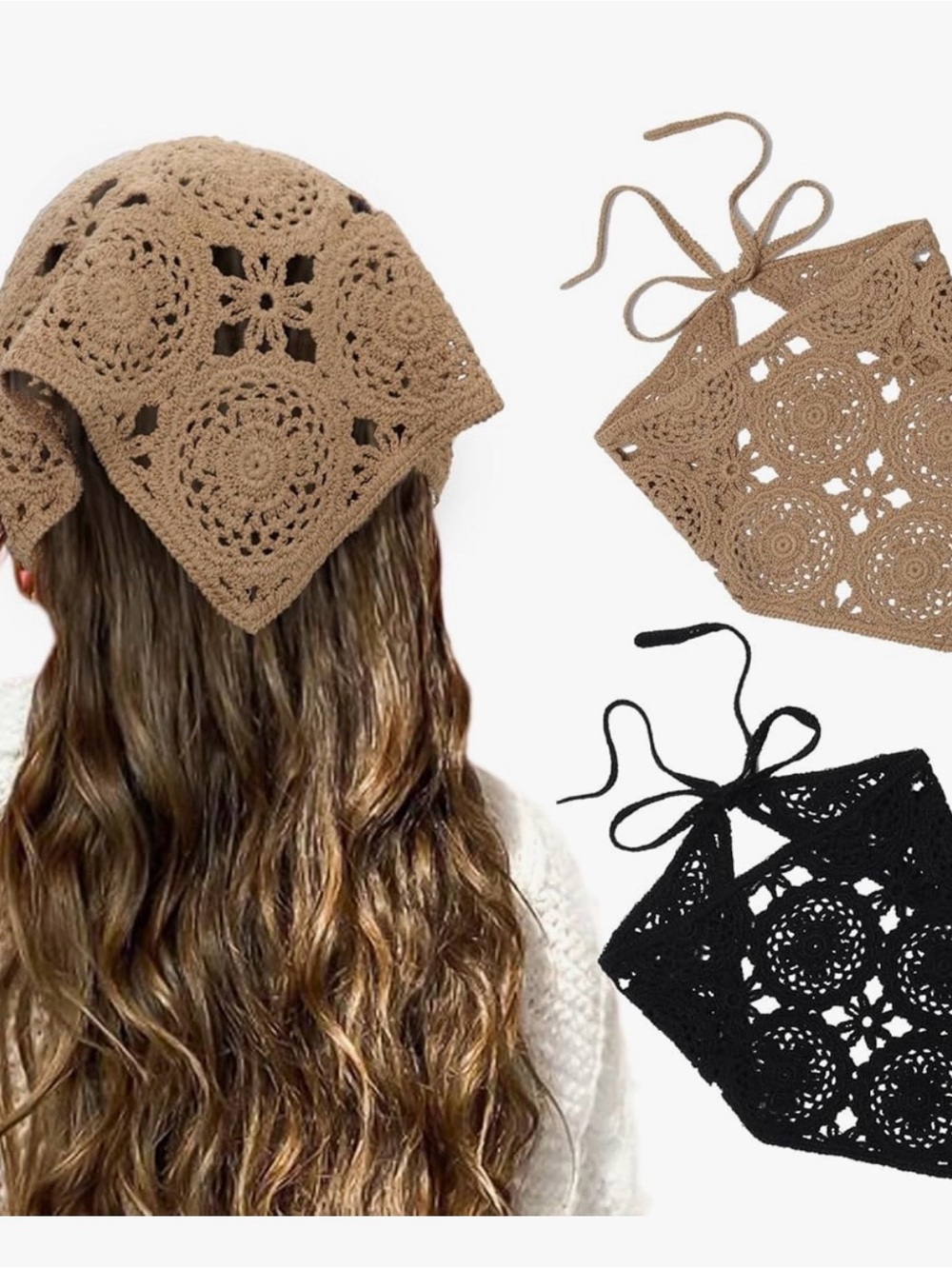 1 PIECE BLACK Crochet Hair Bandanas Headscarf for Women Boho Hair Scarf